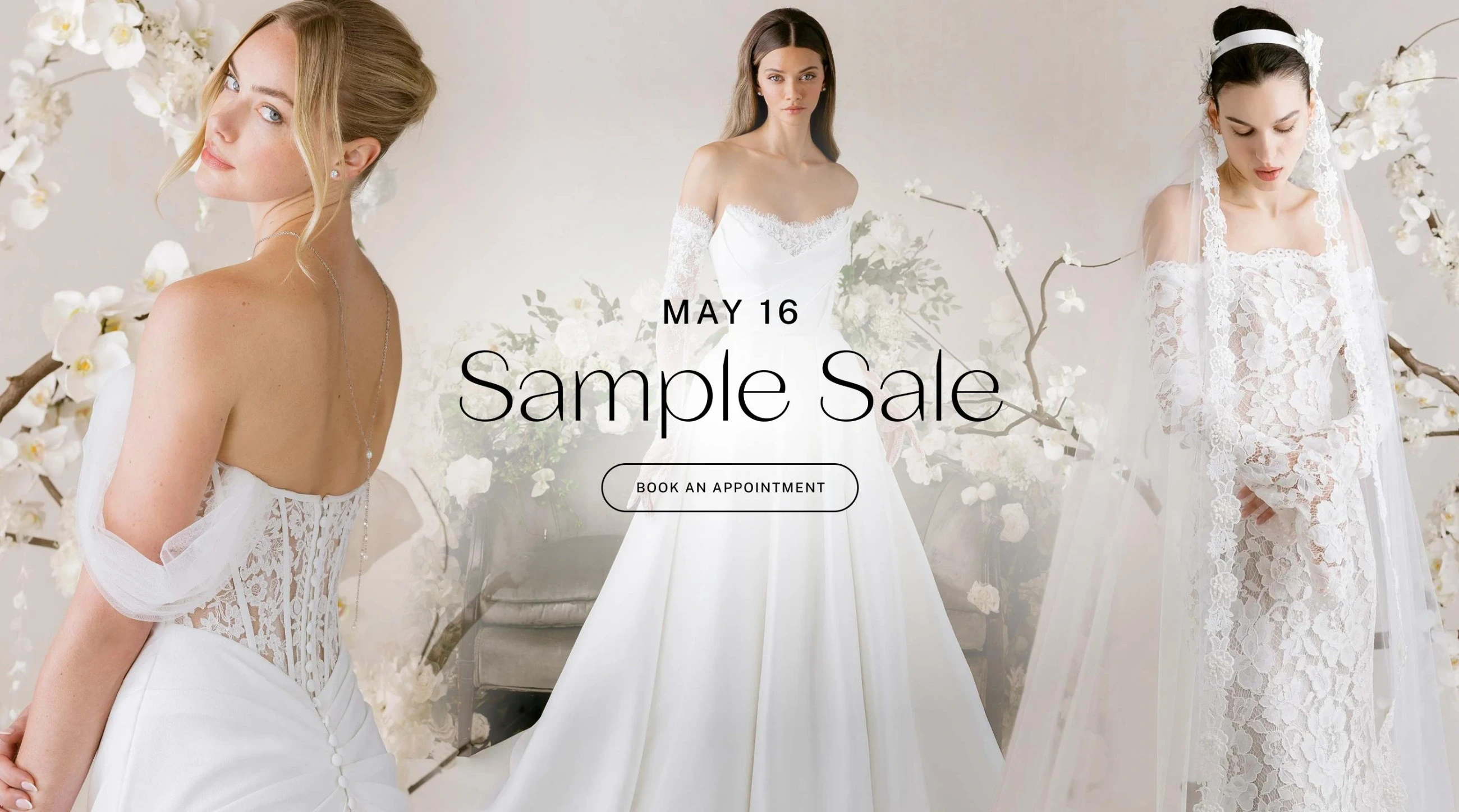 Models wearing Morilee bridal dresses, Sample Sale desktop banner