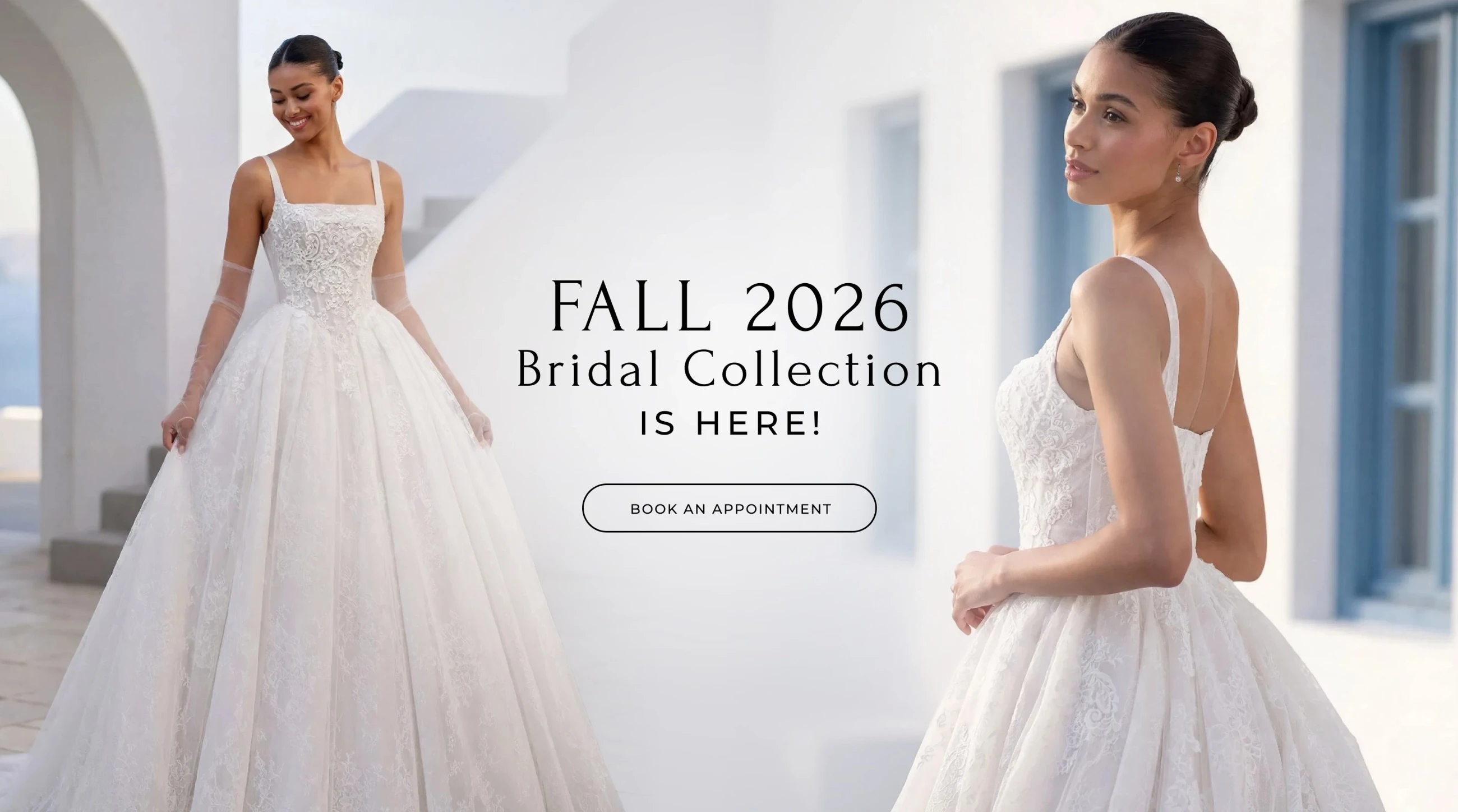 Model wearing Morilee bridal gown, Fall 2026 bridal collection desktop banner