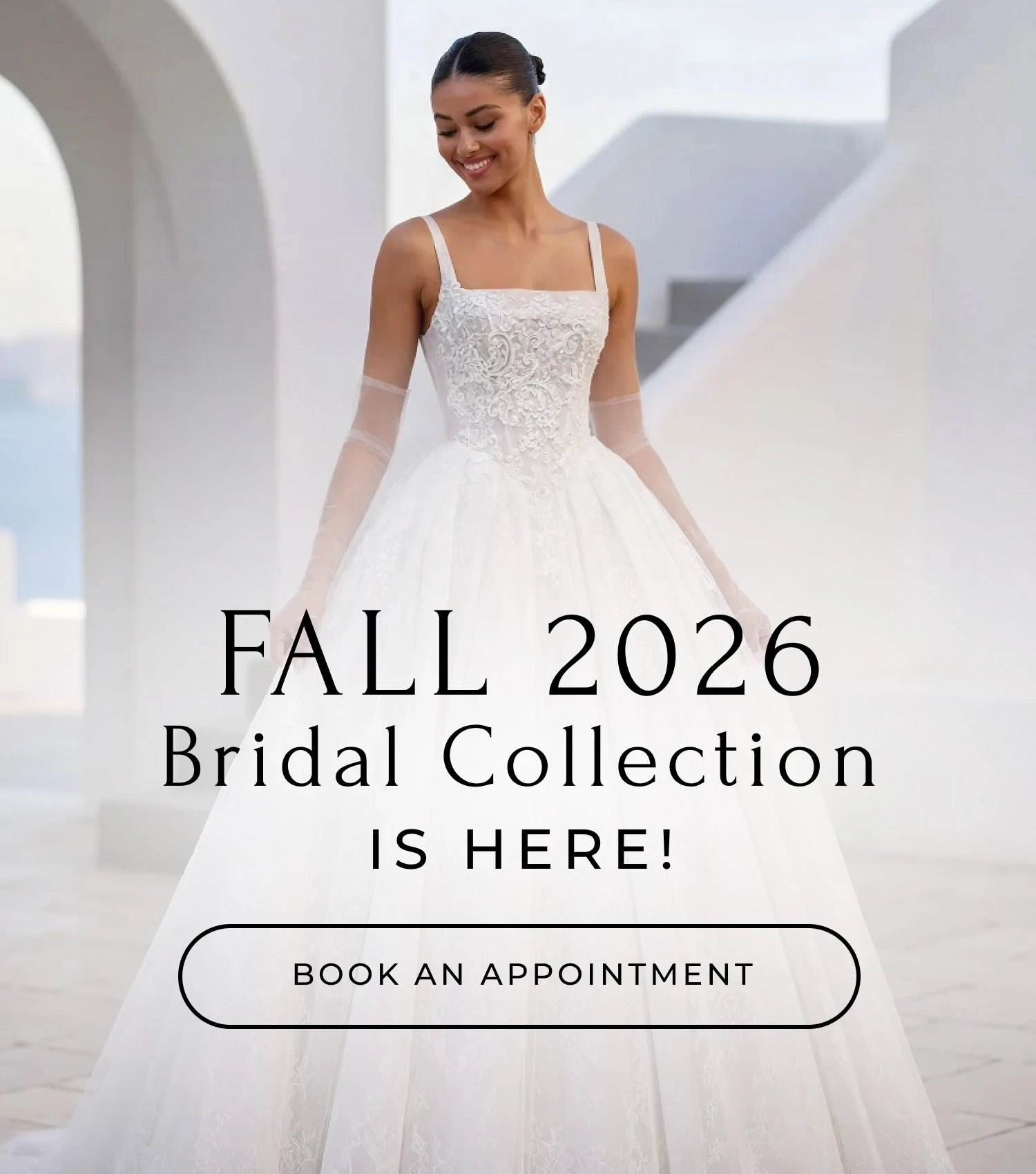 Model wearing Morilee bridal gown, Fall 2026 bridal collection mobile banner