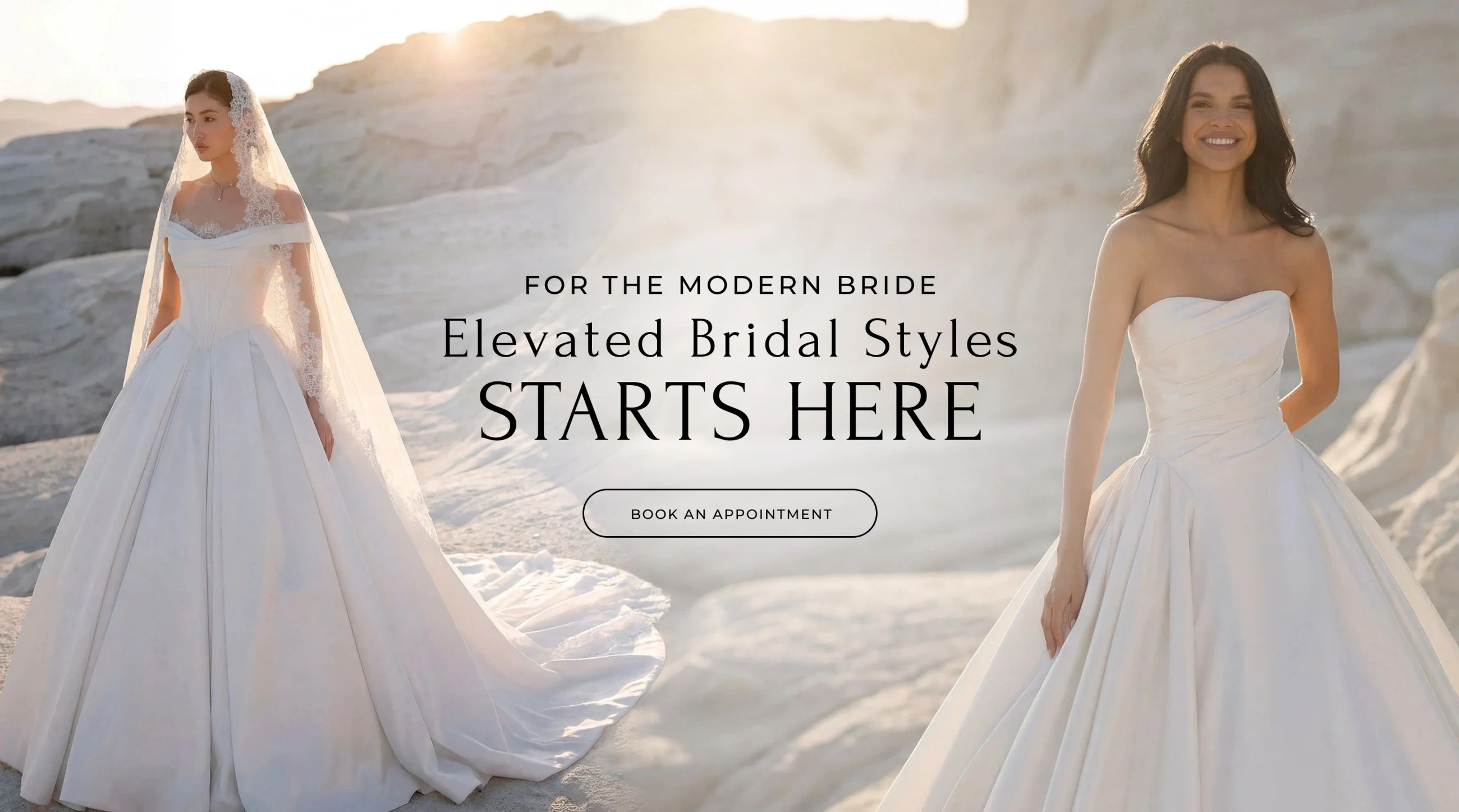 Models wearing Morilee Bridal gowns, Elevated Bridal Styles desktop banner